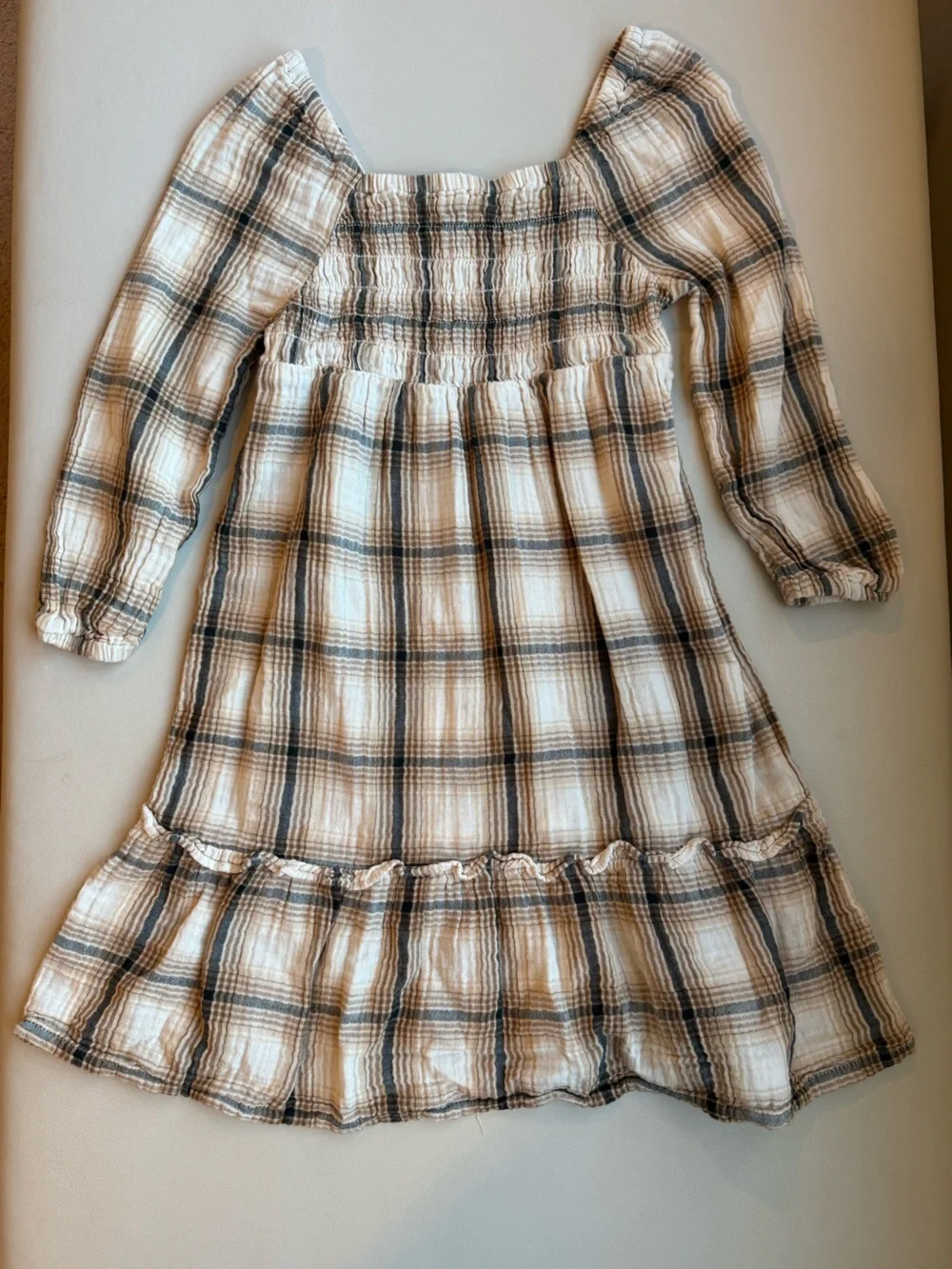 Old Navy Cream, Brown & Black Plaid Long Sleeve Smocked Dress - Girls